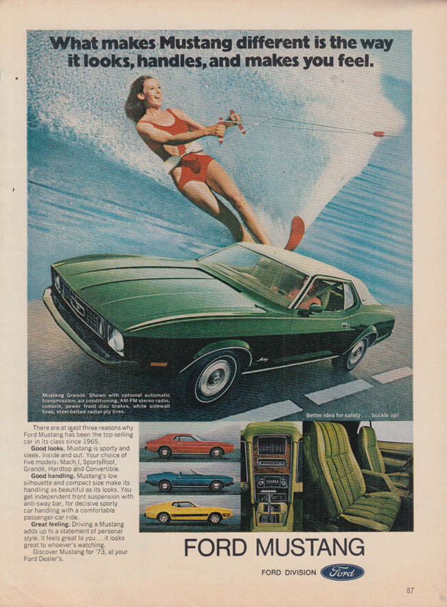 What makes Ford Mustang Grande different ad 1973 girl waterskiing