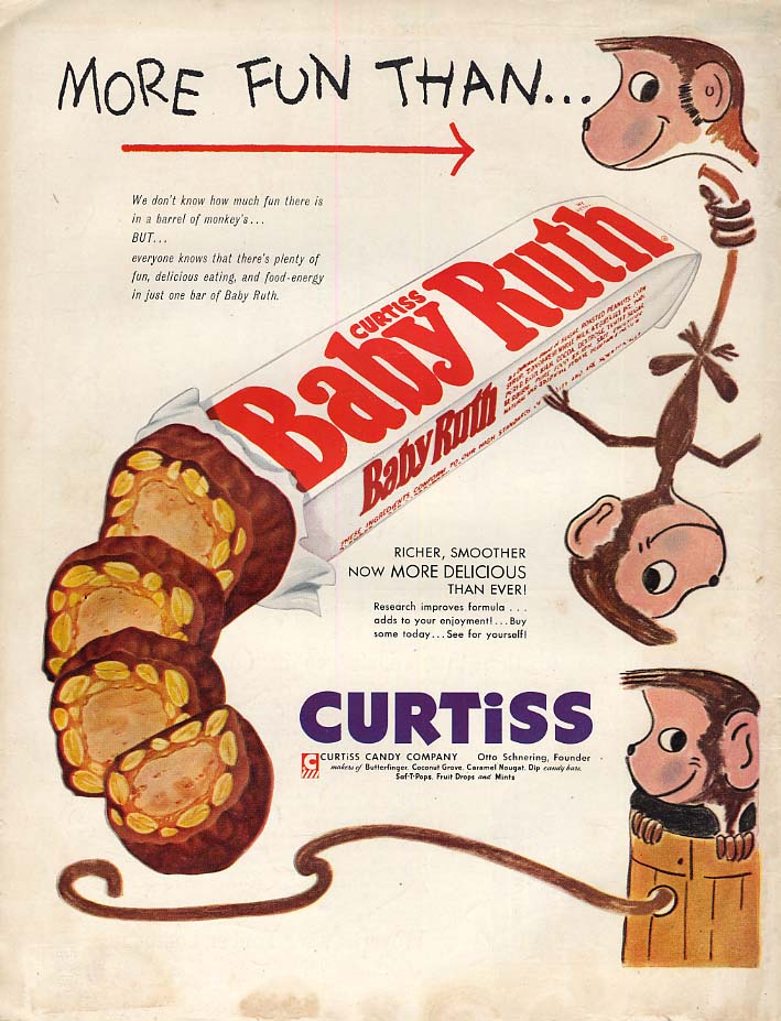 More Fun Than a barrel of monkeys Curtiss Baby Ruth candy bar ad 1956 BL