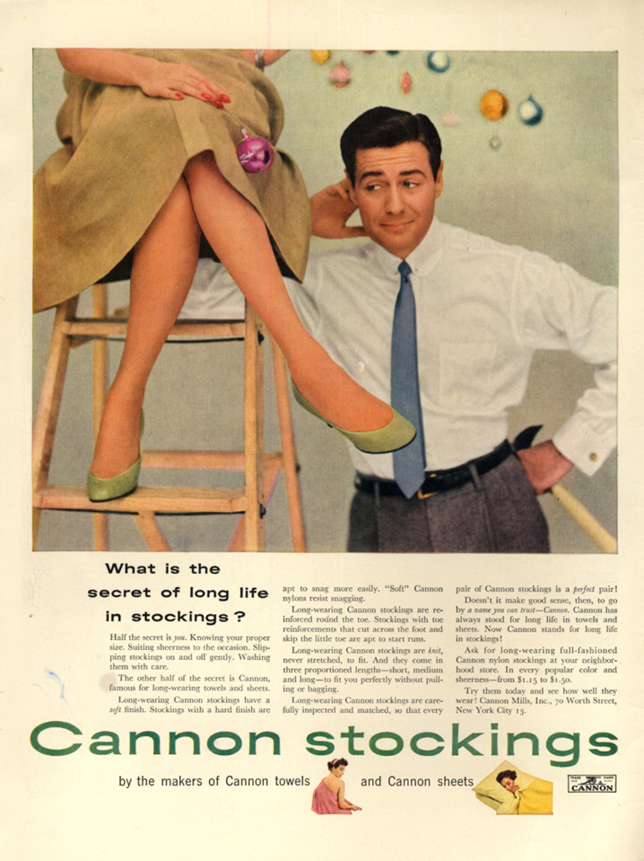 What is the secret of long life in Cannon stockings? Ad 1953 upskirt man L