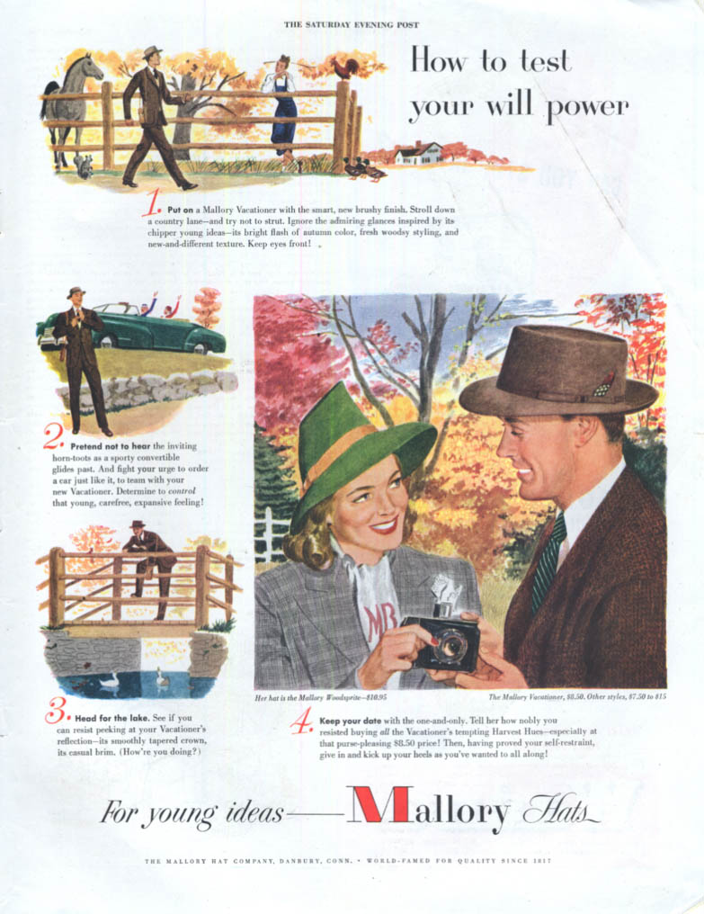 How to test your will power Mallory Hats for Young Ideas ad 1947 SEP