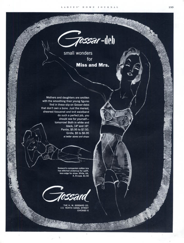 Small wonders for Miss and Mrs: Gossard-deb bra & girdle ad 1953 LHJ
