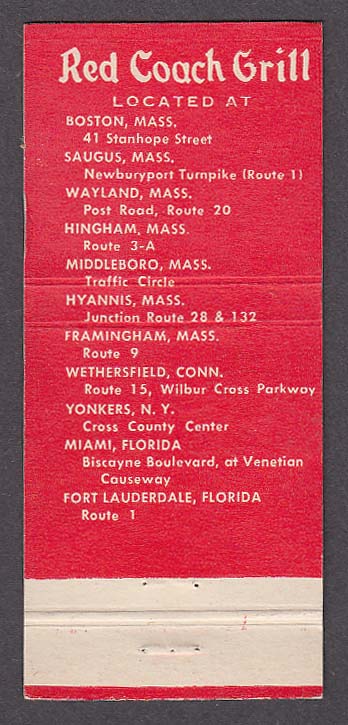 Red Coach Grill MA CT FL locations matchcover