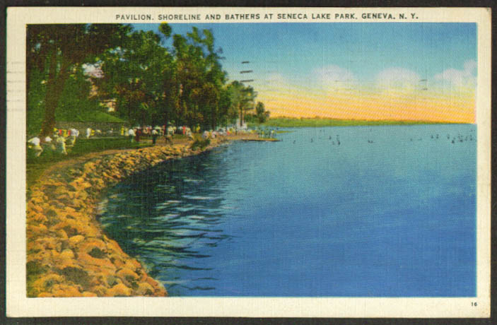 Pavilion & Shoreline Seneca Lake Geneva NY postcard 1940s